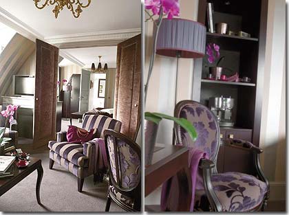 Image 6 : Champs Elysées Plaza Hotel Paris - Charming Deluxe Suites of approximately 55m2 with lounge area and spacious bedroom overlooking the rue Artois or de Berri or with a mansard roof offering a view over the rooftops of Paris.
Two single beds or king size bed providing occupancy for  two adults and one child.
Beautiful Art Deco bathrooms with shower and separate bathtub (Claw foot bathtub or Jacuzzi tub).