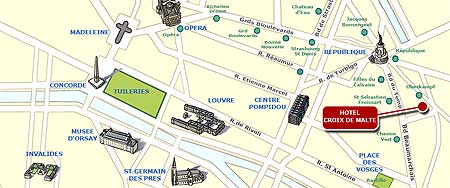 Hotel Croix de Malte Paris : Map and access. How to reach us. map 1