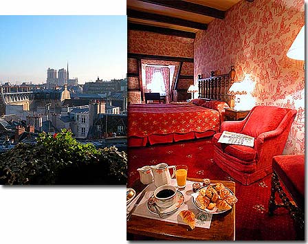 Photo 7 - Best Western Hotel Left Bank Saint Germain Paris 3* star near the Latin Quarter (Quartier Latin) and boulevard Saint Michel, Left Bank area - On the top floor of the Left Bank Hotel is a unique apartment. Decorated in deep red fabric, it has sumptuous wooden beams, a sign of the old mansion's character.

Cross the living room and open the windows. You'll discover a panorama to be found nowhere else: Notre Dame Cathedral reigning majestically over a sea of Parisian rooftops. It's magical!